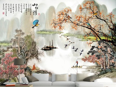 中式山水情水墨山水憶江南背景墻壁畫